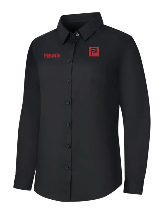 Womens Black Long Sleeve Carefree Poplin Shirt w/Pennington Icon Logo, Pennington Logo