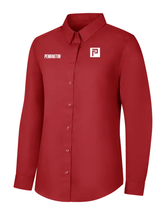 Womens Rich Red  Long Sleeve Carefree Poplin Shirt w/Pennington Icon Logo, Pennington Logo