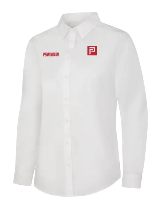 Womens White Long Sleeve Carefree Poplin Shirt w/Pennington Icon Logo, Pennington Logo