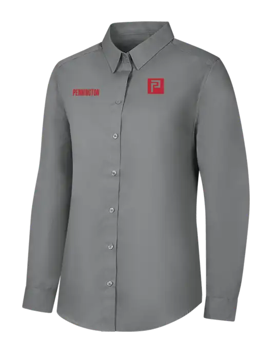Womens Medium Grey Long Sleeve Carefree Poplin Shirt w/Pennington Icon Logo, Pennington Logo