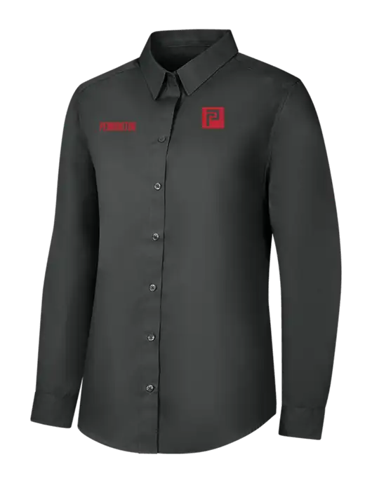 Womens Dark Grey Long Sleeve Carefree Poplin Shirt w/Pennington Icon Logo, Pennington Logo