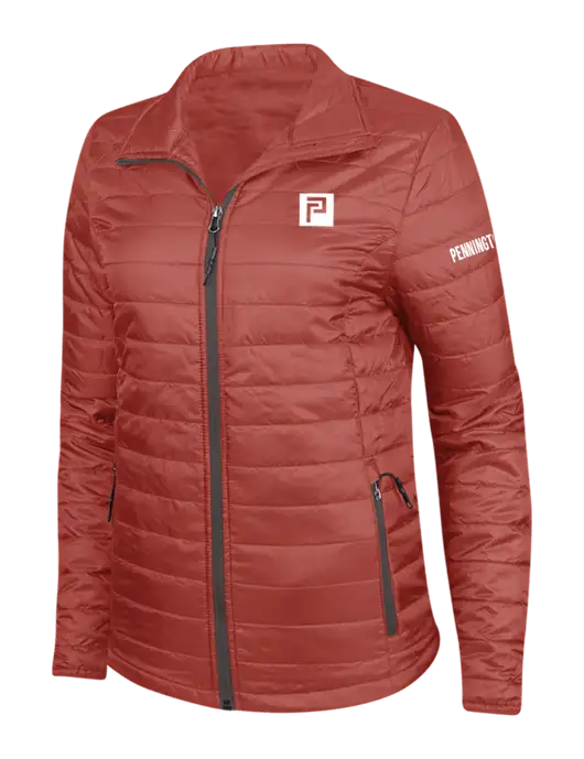 Dark Red Womens Puffy Packable Jacket w/Pennington Icon Logo, Pennington Logo
