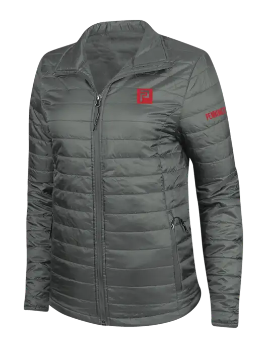Dark Grey Womens Puffy Packable Jacket w/Pennington Icon Logo, Pennington Logo