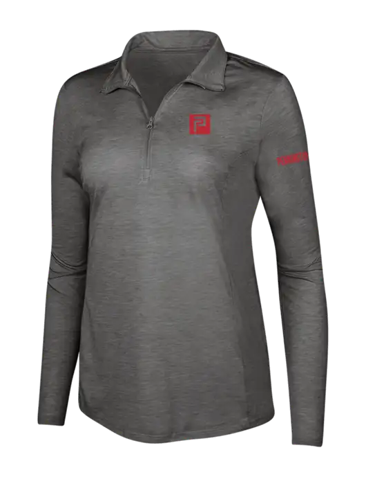 Dark Grey Heather Womens Posicharge Tri-Blend Wicking 1/4 Zip Pullover w/Pennington Icon Logo, Pennington Logo