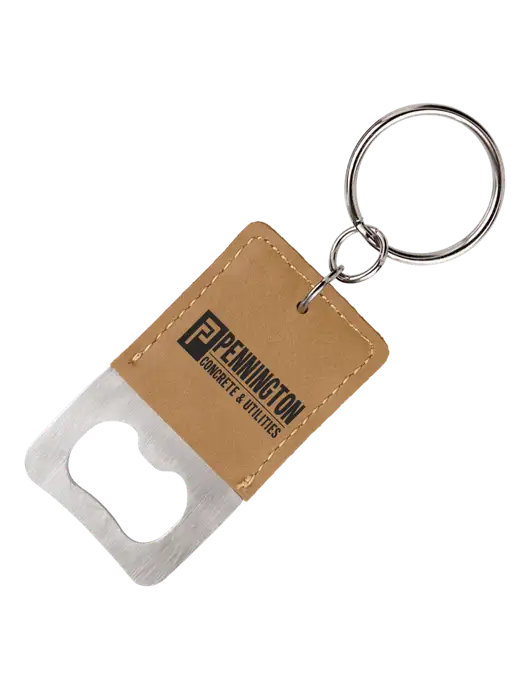 Tan Leatherette Rectangle Bottle Opener Keychain w/Pennington Logo