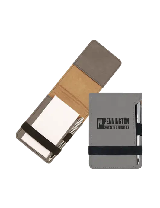 Grey Leatherette Mini Notepad with Pen,  3.25 x 4.75 w/Pennington Logo