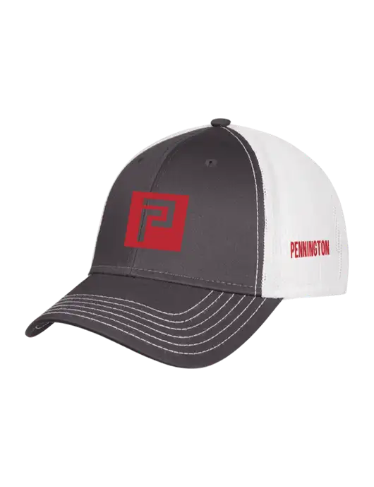 Dark Grey/White Mesh Trucker Cap Snap Back w/Pennington Icon Logo, Pennington Logo