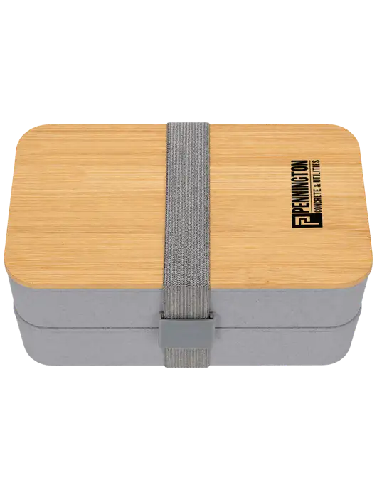 Double Decker Light Medium Grey Lunch Box w/Eco-Friendly FSC Bamboo Lid & Reusable Utensils w/Pennington Logo