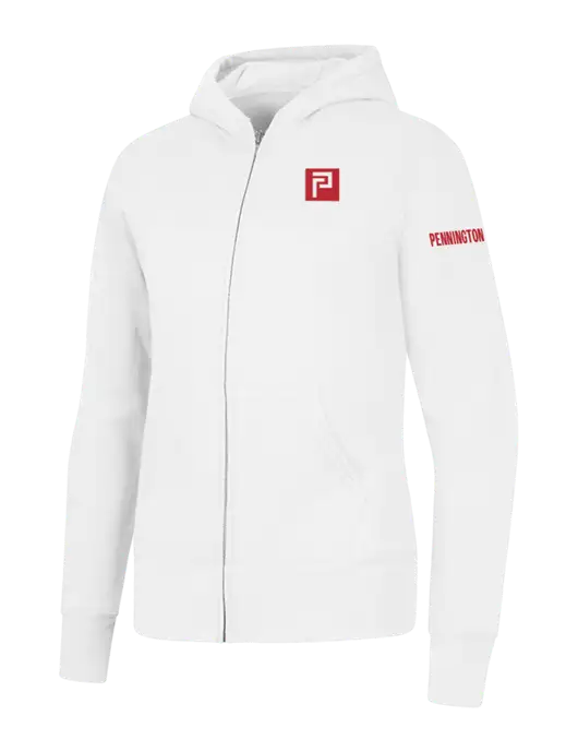 White Womens Core Fleece Full-Zip Hooded Sweatshirt w/Pennington Icon Logo, Pennington Logo