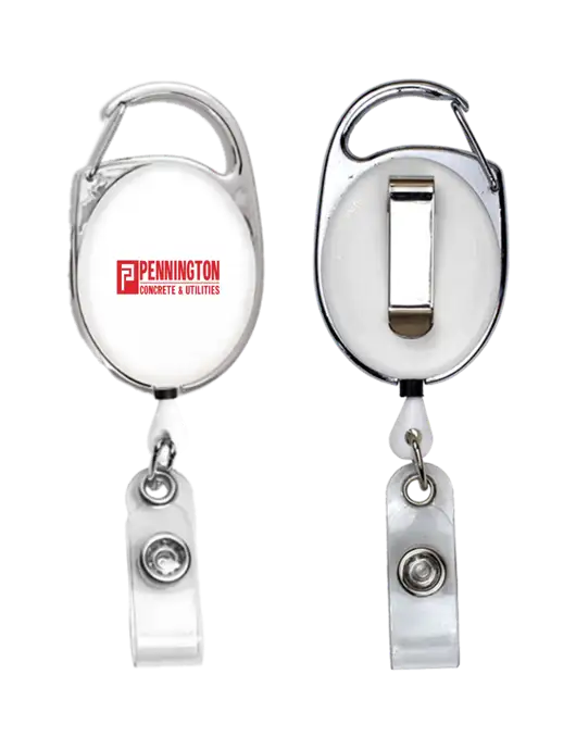 White Carabiner Style Badge Reel and Badge Holder w/Pennington Logo
