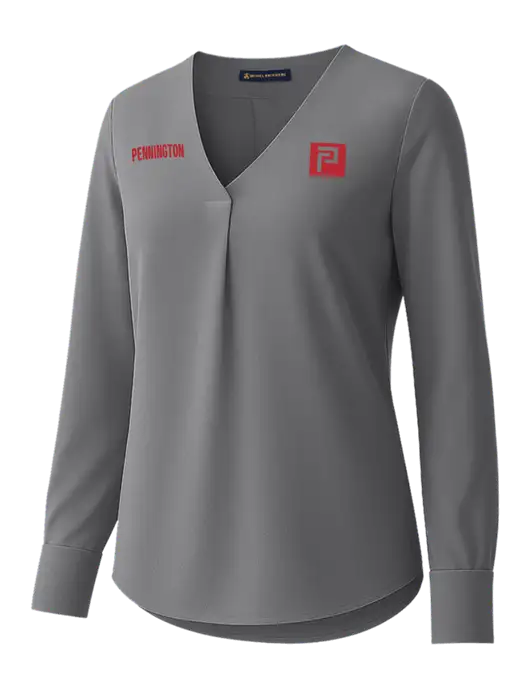 Brooks Brothers Womens Medium Grey Open-Neck Satin Blouse  w/Pennington Icon Logo, Pennington Logo