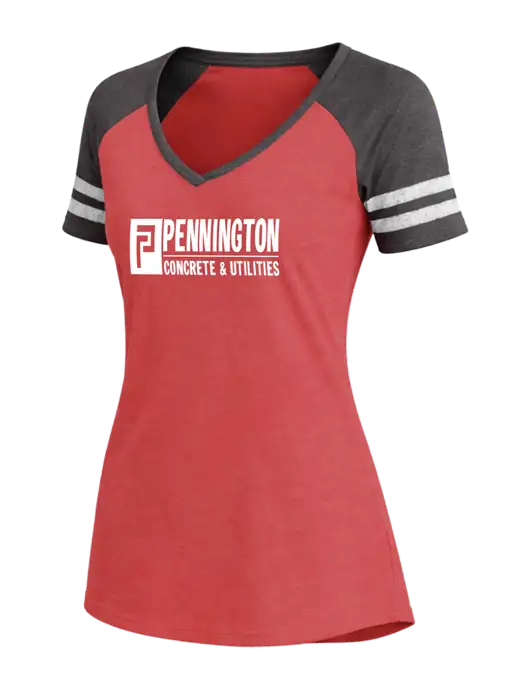Womens Red Heather/Charcoal Heather V-Neck Game Tee w/Pennington Logo