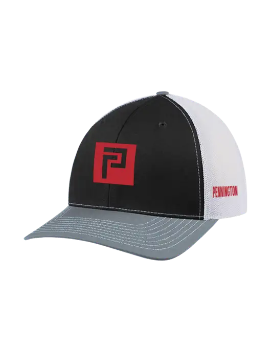 Richardson Adjustable Snapback Original 112 Trucker Cap Black/Light Heather Grey/White Mesh w/Pennington Icon Logo, Pennington Logo