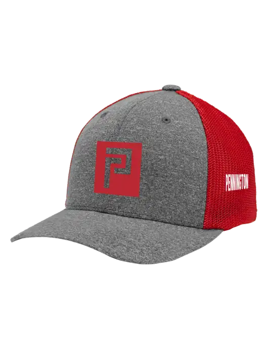 Flexfit Red/Medium Grey Heather Melange Mesh Back Trucker Cap w/Pennington Icon Logo, Pennington Logo