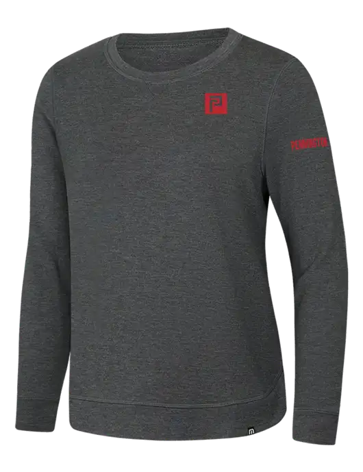 TravisMathew Womens Dark Grey Heather Lightweight Long Weekend Crew w/Pennington Icon Logo, Pennington Logo