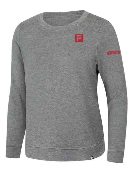 TravisMathew Womens Light Grey Heather Lightweight Long Weekend Crew w/Pennington Icon Logo, Pennington Logo