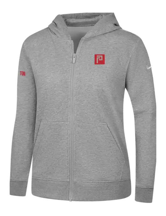 Nike Womens Club Fleece Sleeve Swoosh Full-Zip Dark Grey Heather Hoodie w/Pennington Icon Logo, Pennington Logo