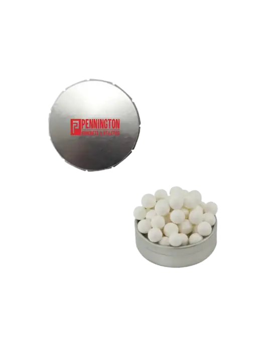 Signature Peppermints In Silver Snap Top Tin  w/Pennington Logo