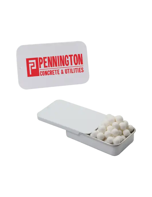 Signature Peppermints In White Slider Tin w/Pennington Logo