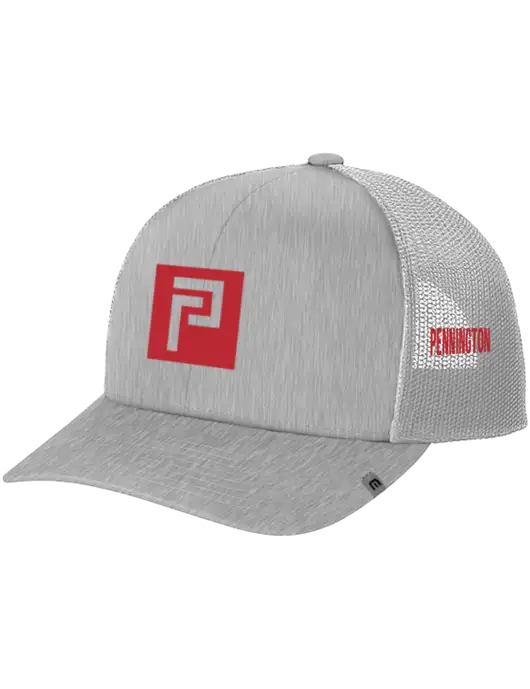 TravisMathew Light Medium Grey Heather Cruz Trucker Cap w/Pennington Icon Logo, Pennington Logo