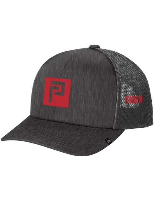 TravisMathew Very Dark Grey Heather Cruz Trucker Cap w/Pennington Icon Logo, Pennington Logo