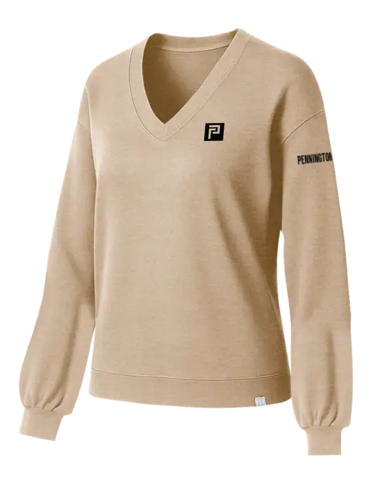 TravisMathew Womens Long Weekend Tan Heather V-Neck
 w/Pennington Icon Logo, Pennington Logo
