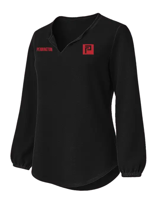 Womens Textured Black Crepe Blouse w/Pennington Icon Logo, Pennington Logo