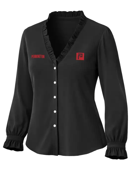 Brooks Brothers Womens Black Long Sleeve Ruffle Collar Blouse w/Pennington Icon Logo, Pennington Logo