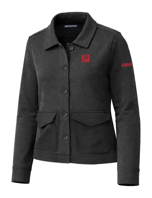 Brooks Brothers Womens Mid-Layer Very Dark Grey Heather Stretch Button Jacket w/Pennington Icon Logo, Pennington Logo