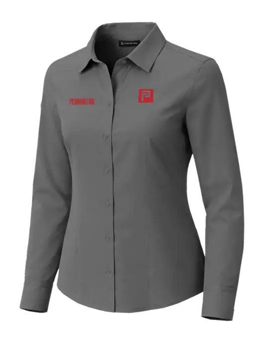 Brooks Brothers Womens Full-Button Dark Medium Grey Satin Blouse w/Pennington Icon Logo, Pennington Logo