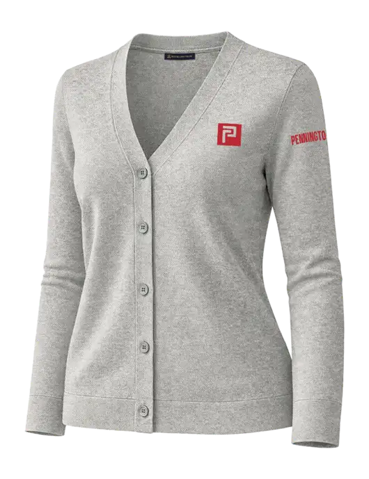 Brooks Brothers Womens Cotton Stretch Light Grey Heather Cardigan Sweater w/Pennington Icon Logo, Pennington Logo