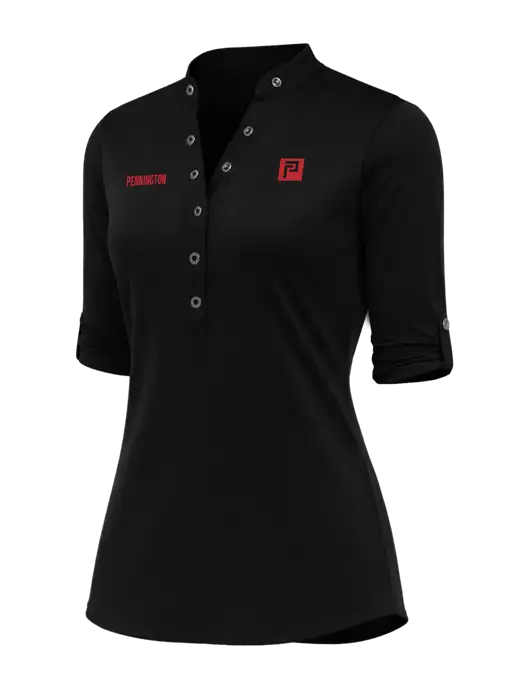 OGIO Womens Crush Henley Black 3/4 Sleeve Shirt w/Pennington Icon Logo, Pennington Logo