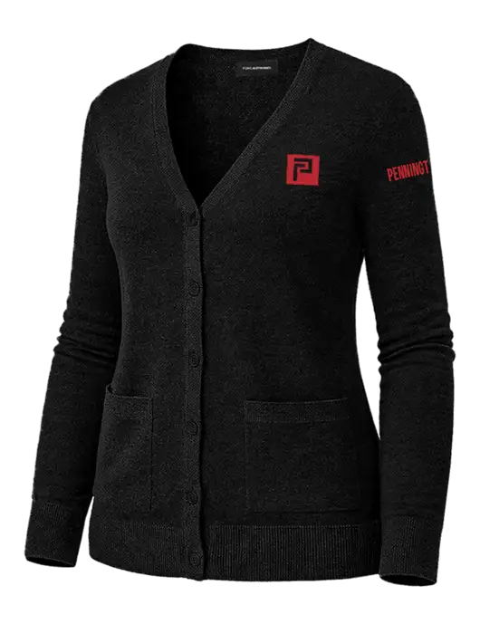 Womens Black Washable V-neck Cardigan Sweater w/Pennington Icon Logo, Pennington Logo