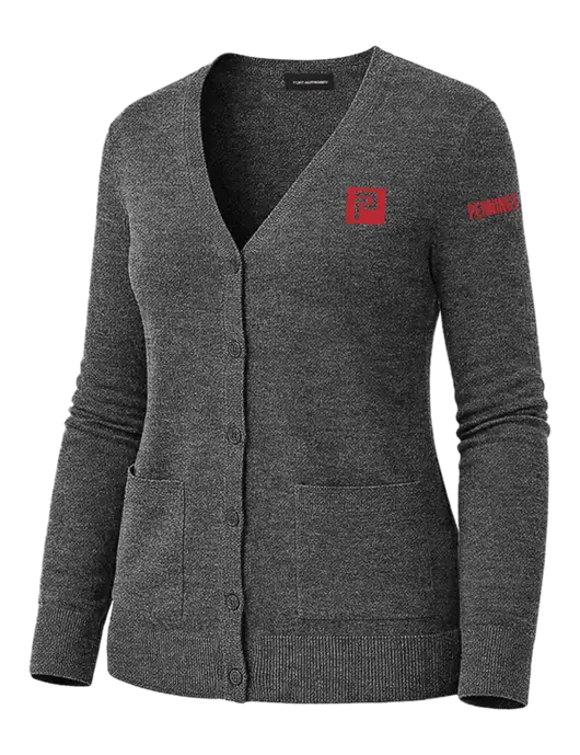 Womens Charcoal Heather Washable V-neck Cardigan Sweater w/Pennington Icon Logo, Pennington Logo